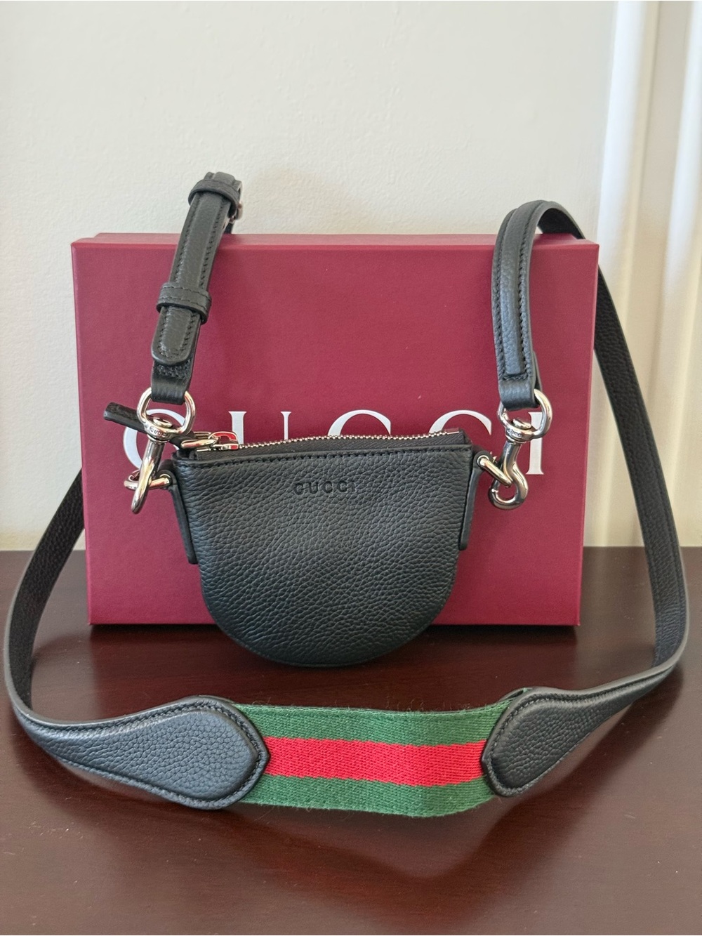 GUCCI Super B Pebbled Leather Mini Crossbody w/ Signature Web Strap